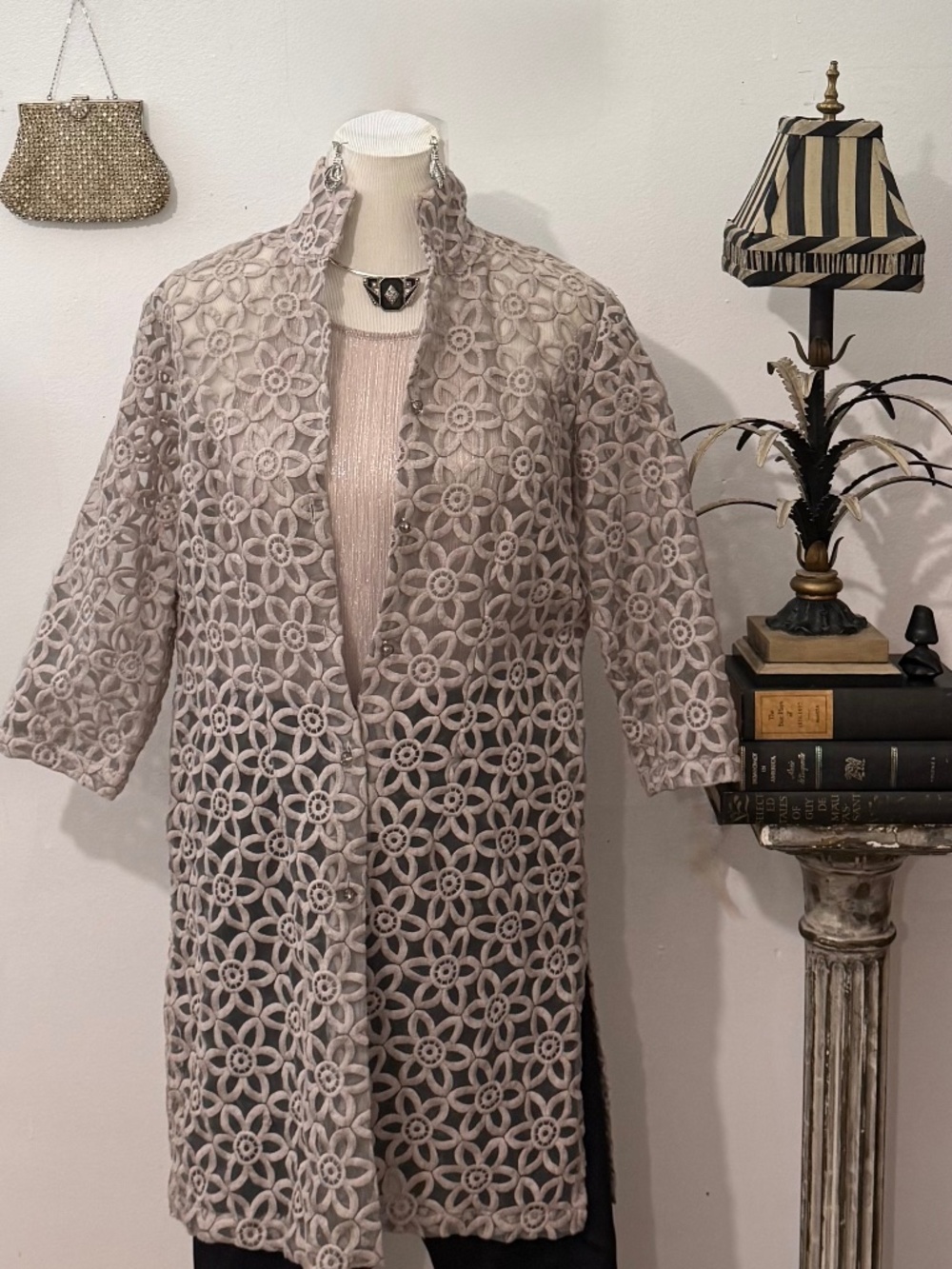 Connie Roberson Taupe Floral Cutout Duster. Quiet Luxury. Fall Wedding. Size M